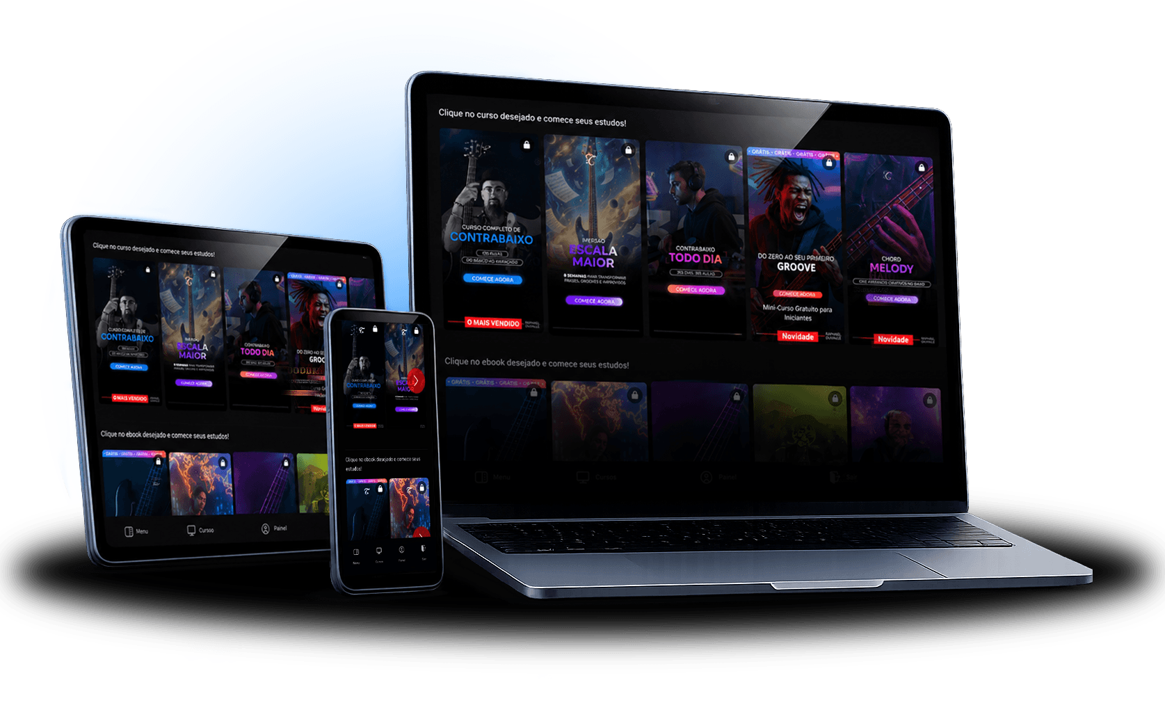 Mockup da área de membros da ToqueMaisBaixo em notebook, tablet e celular